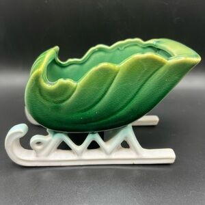 Vintage Christmas Napco Green Sleigh Vase Planter Japan Decor